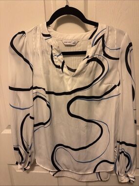 Nine West White Blouse with Black & Light Blue Swirl Print